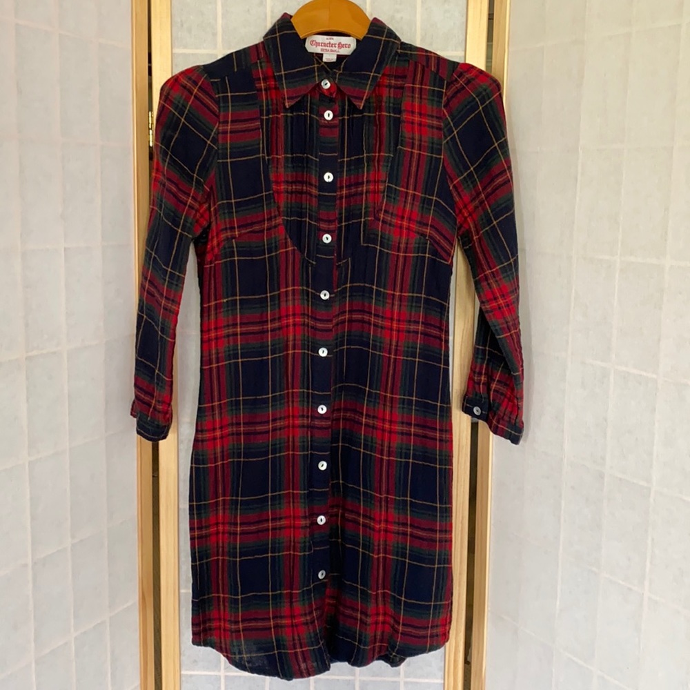 Red & Blue Button Up Flannel 3/4 Sleeve Dress